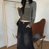 Warp two-tone color combination strap crop long-sleeved T-shirt