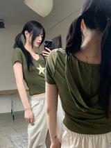 ヒッシャーY2Kスターアイレットフード半袖Tシャツ / Hisher Y2K Star Eyelet Hooded Short Sleeve T-shirt