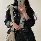 [Hood detachable/back banding] Denim Moodon loose fit cropped hood jean jacket - 2 colors