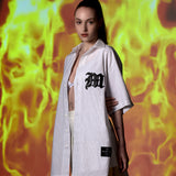[UNISEX] Logo Applique Linen-Blend Baseball Shirt (White)