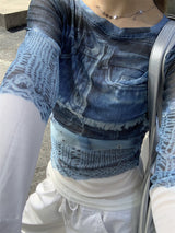 Denim see-through long sleeve top