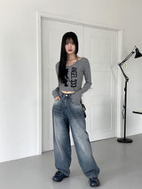 フックルビーズホルターストラッププリント長袖Tシャツ / hook beaded halter thong print long sleeve t-shirt