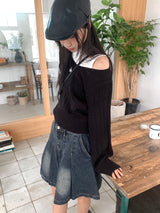 High knee ribbed V-neck semi-crop long-sleeve knit