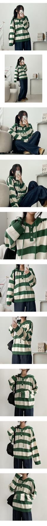 Roneck button stripe hooded knitwear