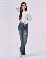 Jenna Shoulder ribbon strap long sleeve cropped top white