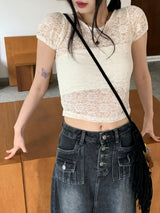 レイヤードシースルーレースパフ半袖Tシャツ/Poel layered see-through lace puff short sleeve T-shirt