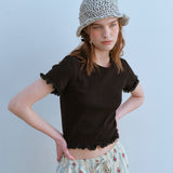 レースヘムハーフスリーブTシャツ / LACE HEM HALF SLEEVE TEE, BLACK