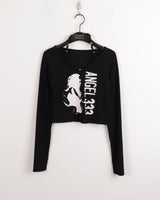 フックルビーズホルターストラッププリント長袖Tシャツ / hook beaded halter thong print long sleeve t-shirt