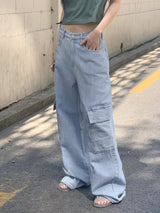 ビソップサマーフードファブリックワイドカーゴデニムパンツ / Bisopp Summer Hooded Fabric Wide Cargo Denim Pants