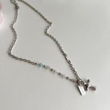 ピットパステルビーズクロスユニークボールドレイヤードネックレス / pit Pastel beads cross unique bold layered necklace