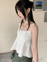 ブレナハートストラップボタンレースクロップドノースリーブブラウス / Blena Heart Strap Button Lace Cropped Sleeveless Blouse