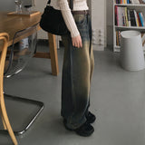 Kama yellow washed vintage long wide denim pants