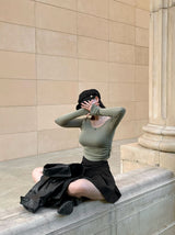 [Bellide made/Modal 37%] Waist-Emphasizing  side shirring U-neck T-shirt
