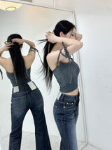 デニムフリーストラップトップ/802. Denim free strap top (3color)