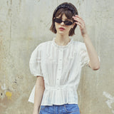 ラッフルレーストラックブラウス/[LINE] Ruffle Lace Tuck Blouse