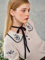 ブラックフラワーラウンドカラーニット / Black Flower Round Collar Knit