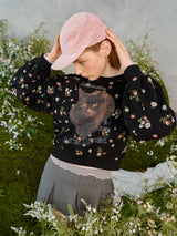 フラワーキャットレタリングスウェットシャツ / Flower Cat Lettering Sweatshirt (Black)