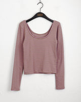 Gtel Vintage Striped Deep U-Neck Long Sleeve T-Shirt