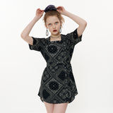 Square Neckline Onepiece [Black flower paisley] (6592437125238)