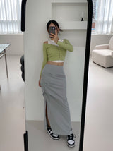 アンフッテッドシャーリングスリットロングスカート / Unfooted shirring slit long skirt