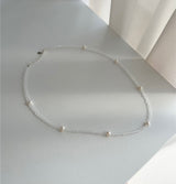 淡水パールトランスペアレントクリスタルチョーカーシルバーネックレス/cct Silver 925 Fresh Water Pearl Transparent Crystal Choker Silver Necklace