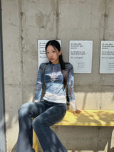 Denim see-through long sleeve top