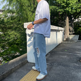 ニーカッティングワイドデニムパンツ