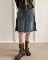 Bamit Vintage Washing Slit Midi Denim Skirt