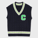 ライトグリーンCパッチvネックニットベストユニセックス / Light Green C Patch V-neck Navy Knitwear Vest