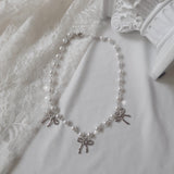 [IVE Rei Necklace] Three Ribbons Pearl Choker Necklace - Silver Color