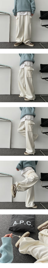 Lintbelo A Fleece-Lined Wool Lining String Ribbed Cargo Wide Pants