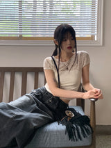 レイヤードシースルーレースパフ半袖Tシャツ/Poel layered see-through lace puff short sleeve T-shirt