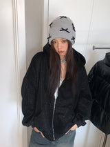 Black brushed pearl hooded zip-up