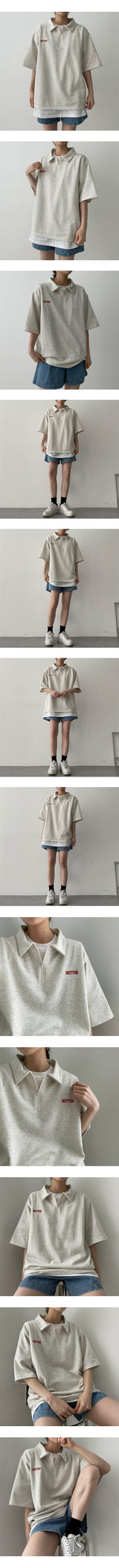 バター刺繍セミジップアップショートスリーブTシャツ / Butter embroidery semi zip-up short-sleeved T-shirt