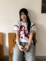 ハギングキャットプリントセミクロップド半袖Tシャツ / Hugging Cat Print Semi-cropped Short Sleeve T-shirt