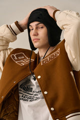 QUILTING POINT VARSITY JACKET - BROWN