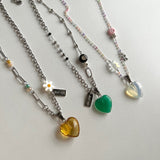 ハートフラワービーズヒップメイドネックレス / ely Yellow Orange Heart Flower Beads Hip Handmade Necklace