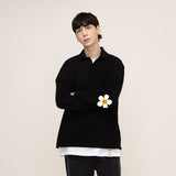 [UNISEX] ELBOW White Flower Smile PK Collar Long Sleeve_Black (6690659762294)