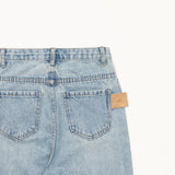 ストレートフィットバックポケットレザーパッチポイントブレットマークデストロイドデニムパンツ / STRAIGHT FIT BACK POCKET LEATHER PATCH POINT BULLET MARK DESTROYED DENIM PANTS [16624]