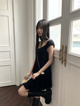 ウィロンシフォンキャップスリーブボタンプリーツフレアミニワンピース / Willon Chiffon Cap Sleeve Button Pleated Flare Mini One Piece