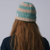 FURRY LOGO BEANIE, BEIGE+MINT STRIPE