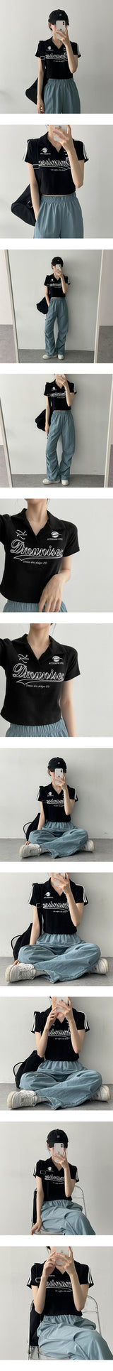 デノカラードラインカラークロップドショートスリーブTシャツ / deno colored line collar cropped short sleeve T-shirt