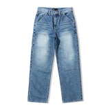 STRAIGHT DOUBLE KNEE WASHED DENIM PANTS BLUE