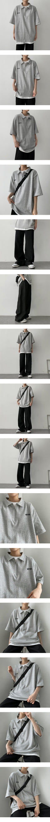 バター刺繍セミジップアップショートスリーブTシャツ / Butter embroidery semi zip-up short-sleeved T-shirt