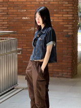 ブベルセミクロップド半袖デニムシャツジャケット / Bubel semi-cropped short-sleeved denim shirt jacket