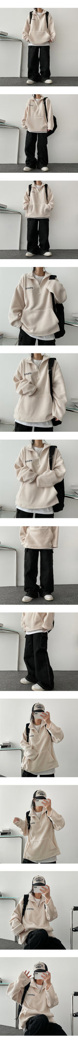 Teak embroidery fleece half zip-up sweatshirt