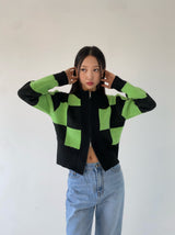 グリーンチェックニットジップアップ/green check knit zip-up