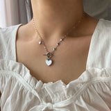 マザーオブパールハートトグルバーネックレス / eg White mother-of-pearl Heart Toggle Bar Necklace