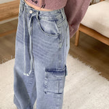 Turbin strap cargo pocket washing denim long wide pants