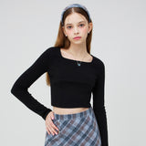 スクエアネックロングスリーブクロップトップ/SQUARE NECK LONG SLEEVE CROP TOP _ BLACK